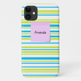 青い緑のシンプルストライプパターンPink sticky note iPhone 11 ケース