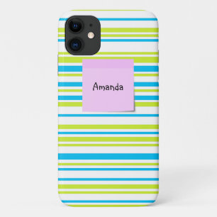 青い緑のシンプルストライプパターンPink sticky note iPhone 11 ケース