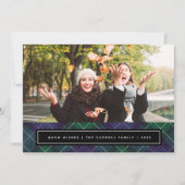 青い緑のタータンチェックの格子縞の両面フォト シーズンカード (正面)