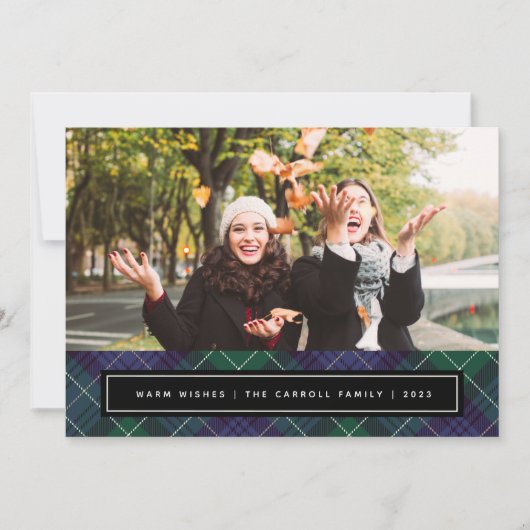 青い緑のタータンチェックの格子縞の両面フォト シーズンカード (正面)