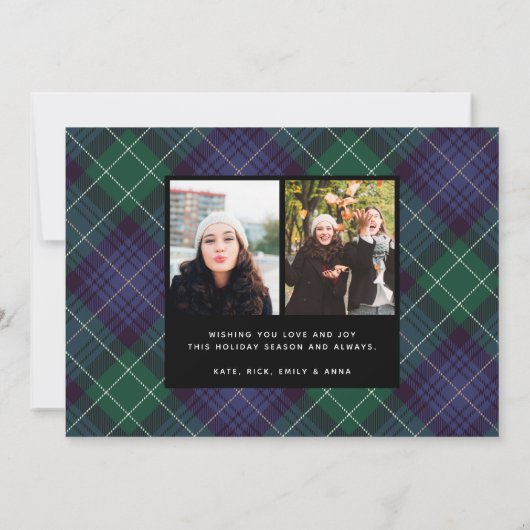 青い緑のタータンチェックの格子縞の両面フォト シーズンカード (裏面)