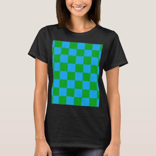 青い緑のチェッ市松模様にクパターン Tシャツ (正面)