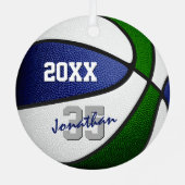 青い緑のバスケットボールチームの色キッズ10代の名前 メタルオーナメント (裏面)