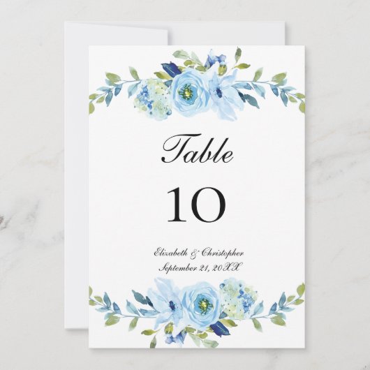 青い緑のフローラ結婚の表の番号カード (正面)
