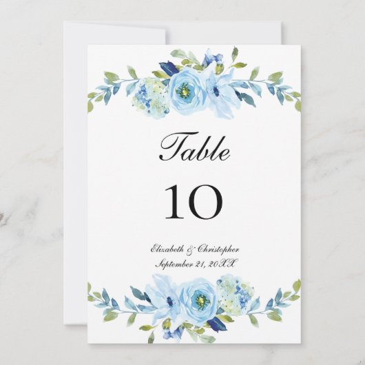 青い緑のフローラ結婚の表の番号カード (裏面)