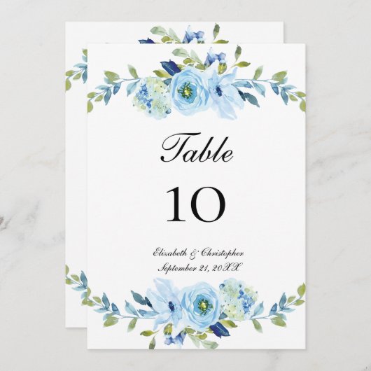 青い緑のフローラ結婚の表の番号カード (正面/裏面)