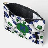 青い緑のモノグラムのサッカーボール アクセサリーポーチ (見開き)