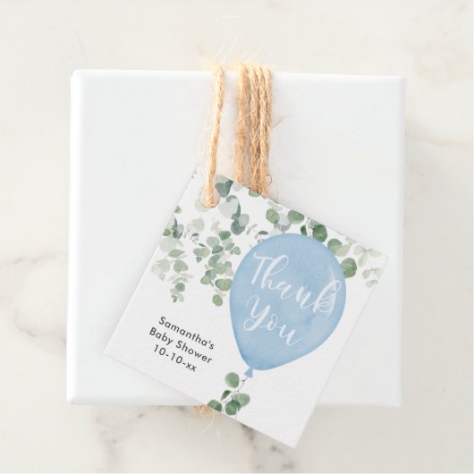 青い緑のユーカリ風バルーンベイビーシャワー フェイバータグ (インサイチュ)