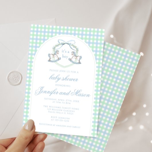青い緑のロッキングホースbohoアーチ男の赤ちゃんシャワー 招待状