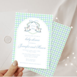 青い緑のロッキングホースbohoアーチ男の赤ちゃんシャワー 招待状