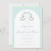 青い緑のロッキングホースbohoアーチ男の赤ちゃんシャワー 招待状 (正面)