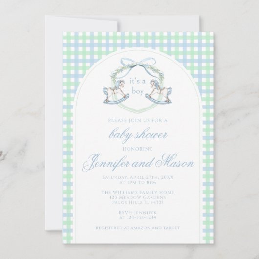 青い緑のロッキングホースbohoアーチ男の赤ちゃんシャワー 招待状 (正面)