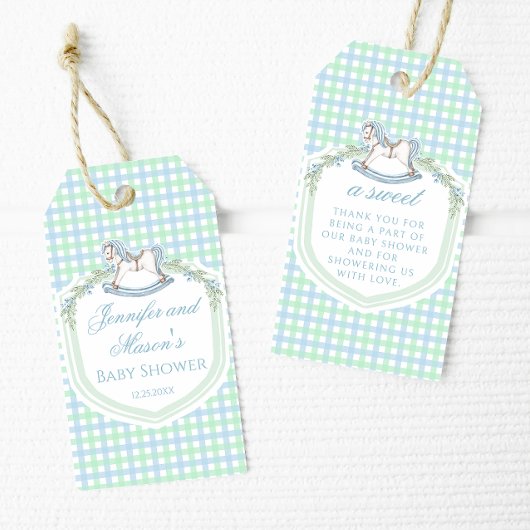 青い緑のロッキング馬の男の赤ちゃんシャワ感謝していーユー ギフトタグ