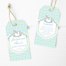 青い緑のロッキング馬の男の赤ちゃんシャワ感謝していーユー ギフトタグ