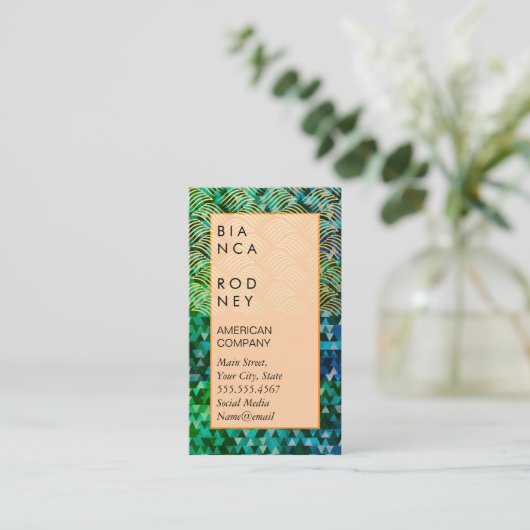 青い緑の三角形と金ゴールド織り 名刺 (スタンド正面)