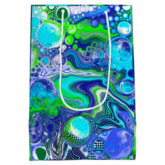 青い緑の大理石の渦巻き誕生日または赤ちゃんシャワー ミディアムペーパーバッグ (裏面)
