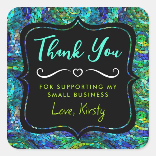 青い緑の宝石トーンモザイクガラススモールビジネス スクエアシール (正面)