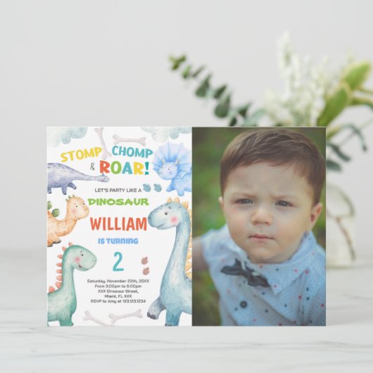 青い緑の恐竜の誕生日招待状と写真 招待状 (スタンド正面)