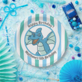 青い緑の恐竜、かわいいストライプ恐竜 ペーパープレート (パーティー)