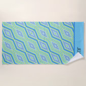 青い緑の斜めダイアモンドレトロ名ビーチタオル ビーチタオル (正面)
