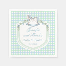 青い緑の木製の馬のギンガム男の赤ちゃんシャワー スタンダードカクテルナプキン