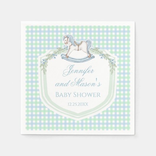 青い緑の木製の馬のギンガム男の赤ちゃんシャワー スタンダードカクテルナプキン (正面)