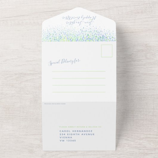 青い緑の水の色が浮き上がって結婚いる オールインワン招待状 (外側)