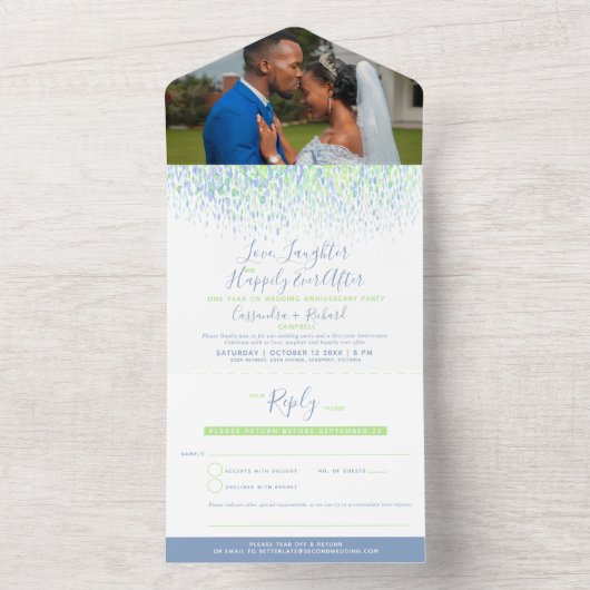 青い緑の水の色が浮き上がって結婚いる オールインワン招待状 (内側)