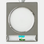 青い緑の水色あなたの名前テックスを追加 シルバープレートバナーオーナメント (正面)