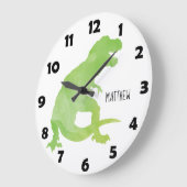 青い緑の水色の恐竜のパーソナライズされた子供 ラージ壁時計 (傾斜)