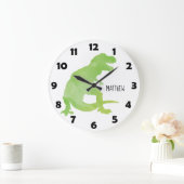 青い緑の水色の恐竜のパーソナライズされた子供 ラージ壁時計 (ホーム)