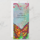 青い緑の水色の金のスパークルに赤い蝶 招待状 (裏面)