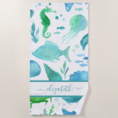 青い緑の海の海イルカ白いモノグラム ビーチタオル (正面)