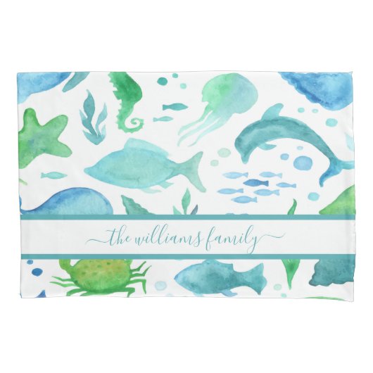 青い緑の海の海イルカ白いモノグラム 枕カバー (正面)