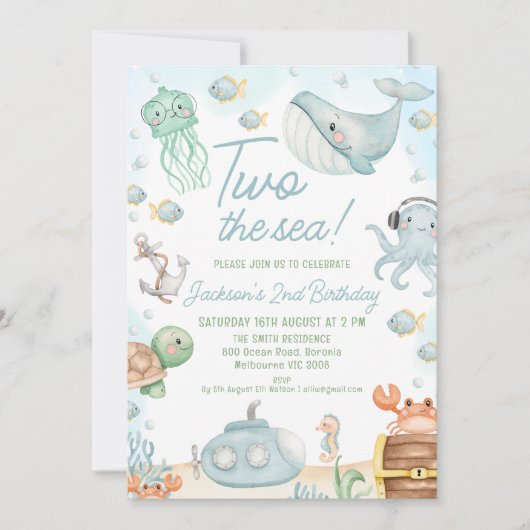 青い緑の海の生き物2海2番目の誕生日 招待状 (正面)