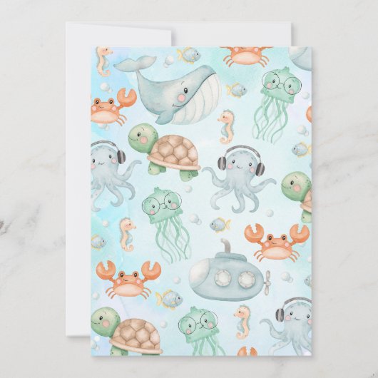 青い緑の海の生き物2海2番目の誕生日 招待状 (裏面)