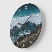 青い緑の海波が岩に衝突 ラージ壁時計 (傾斜)