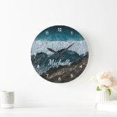 青い緑の海波が岩に衝突 ラージ壁時計 (ホーム)