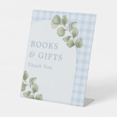 青い緑の男の子の赤ちゃんシャワー本とギフト 台座サイン (正面)