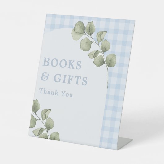 青い緑の男の子の赤ちゃんシャワー本とギフト 台座サイン (正面)