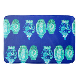 青い緑の白いエレガントモノグラムのジンジャー バスマット