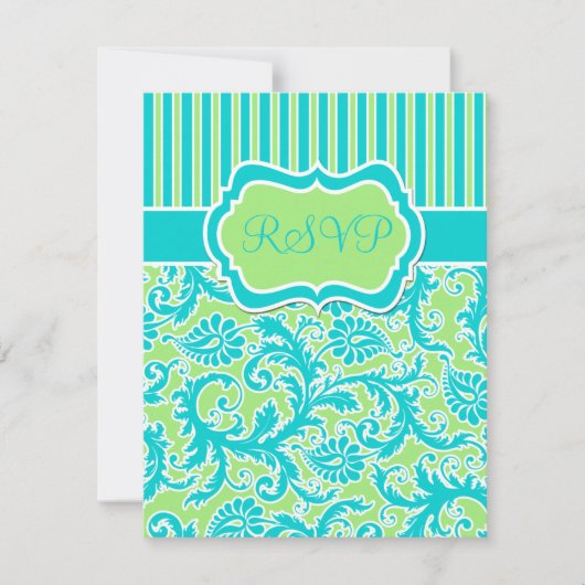 青い緑の白いダマストライプのスク返信カード 招待状 (正面)
