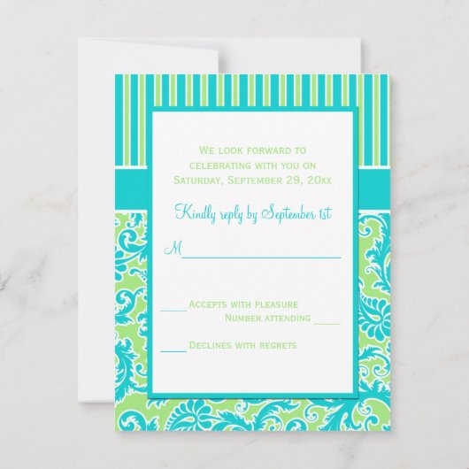 青い緑の白いダマストライプのスク返信カード 招待状 (裏面)