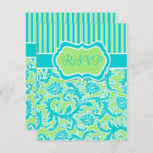 青い緑の白いダマストライプのスク返信カード 招待状 (正面/裏面)