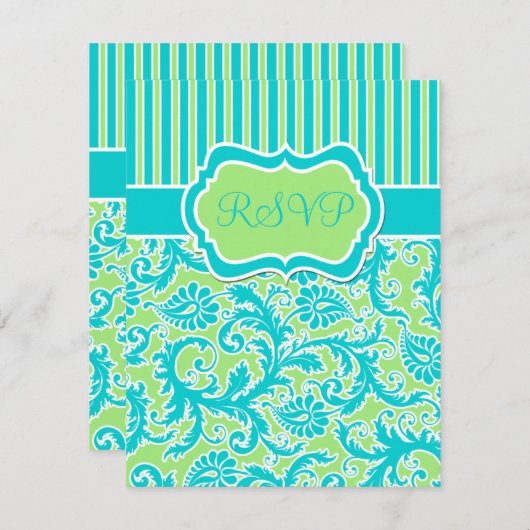 青い緑の白いダマストライプのスク返信カード 招待状 (正面/裏面)