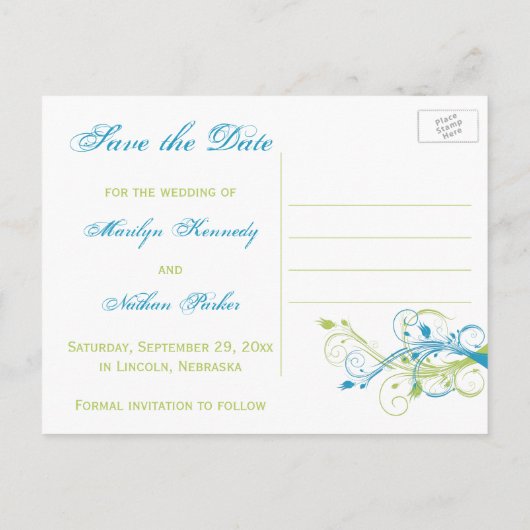 青い緑の白いフローラ日付のポストカードの保存 案内ポストカード (裏面)
