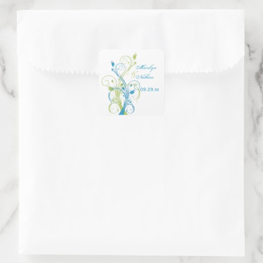 青い緑の白いフローラ1.5インチ結婚のステッカー スクエアシール (バッグ)