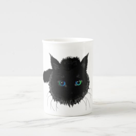 青い緑の目マグギフト付き黒猫 ボーンチャイナマグカップ (正面)