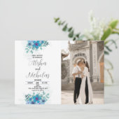 青い緑の花の結婚式招待状と写真 招待状 (スタンド正面)
