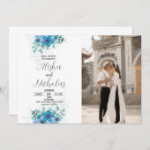 青い緑の花の結婚式招待状と写真 招待状 (正面/裏面)